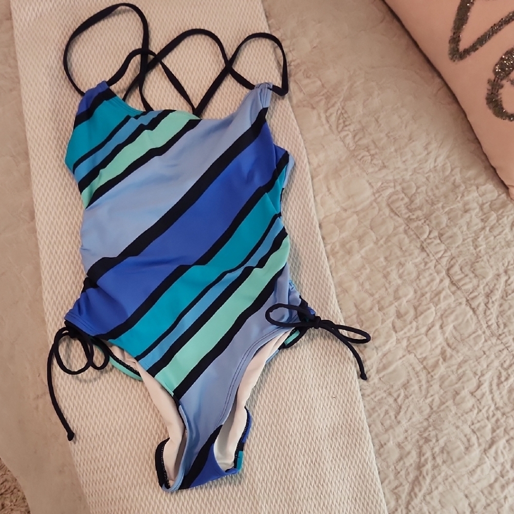 Nautica Blue and Black One Piece Swimsuit with Striking Stripes